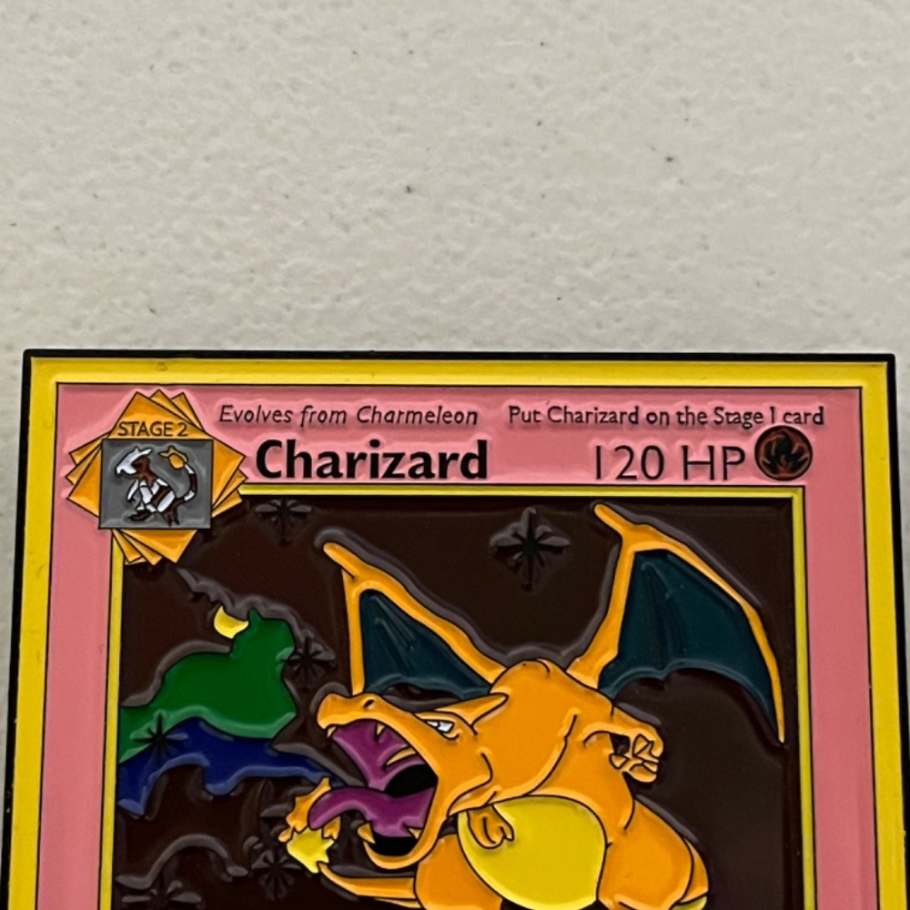 Pokemon Charizard First Edition Game Card Hat Pin Enamel Pink Yellow - Picture 2 of 6